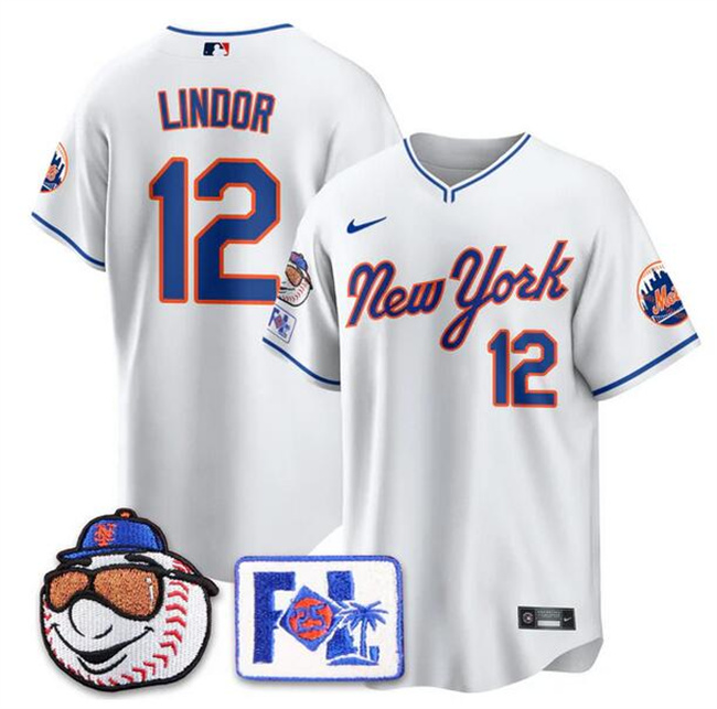 Men's New York Mets #12 Francisco Lindor White 2025 Spring Training Stitched Baseball Jersey